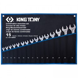 Набор комбинированных ключей, 10-32 мм, чехол из теторона, 15 предметов KING TONY 12D15MRN - фото 66220